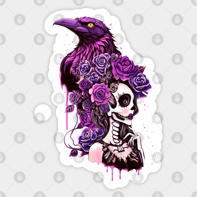 Raven and La catrina, calavera, Lady skull, sugar skull, dark, skeletons lovers, cool skulls, bones, gothic floral lady Sticker by Collagedream